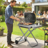 Outsunny Foldable Portable Gas BBQ Grill – 2.5kW with Lid Thermometer, Side Table, Grease Box and Wheels, Black