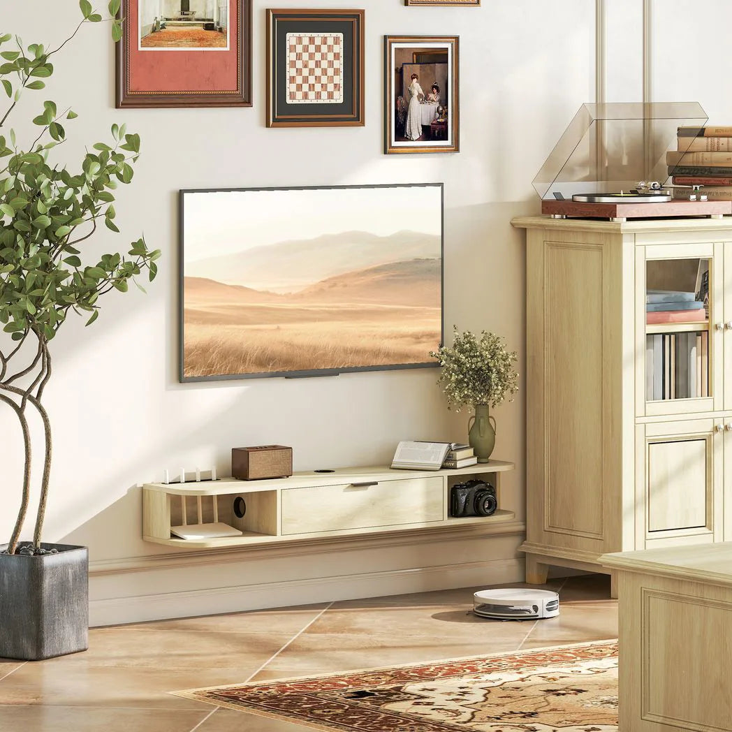 HOMCOM 120 cm Floating TV Unit with Flip Drawer & Cable Management – Wall Mounted for TVs up to 50 Inch, Natural