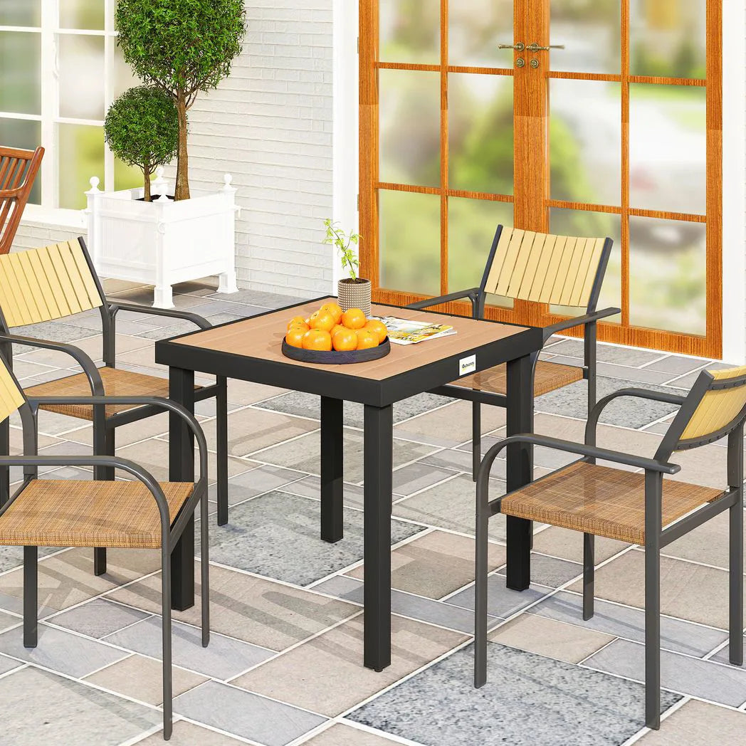 Outsunny 78 cm Square Garden Dining Table for 4 with Aluminium Frame – Waterproof Wood-Effect Outdoor Table