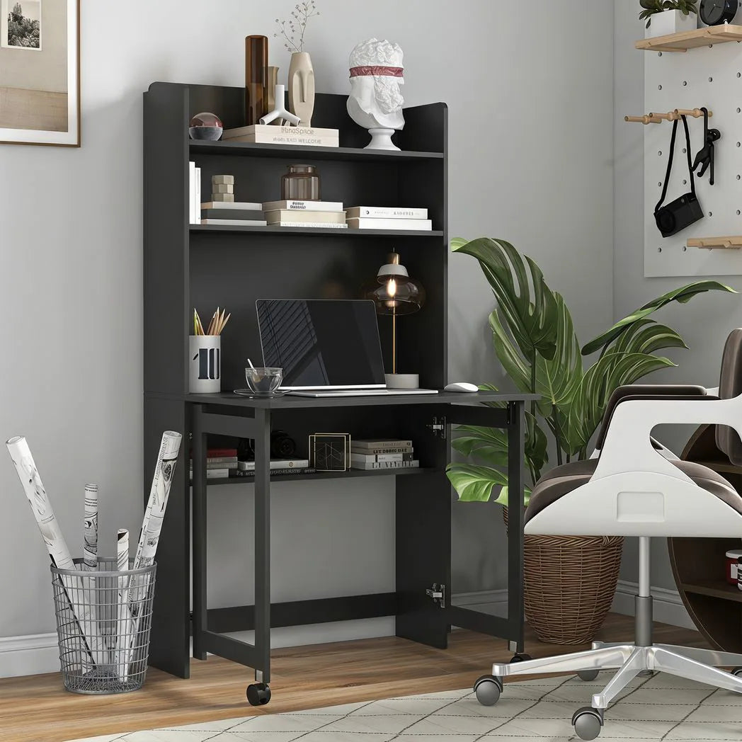 HOMCOM Foldable Computer Desk with 4 Storage Shelves and Wheels – Space-Saving Home Office Workstation, Black