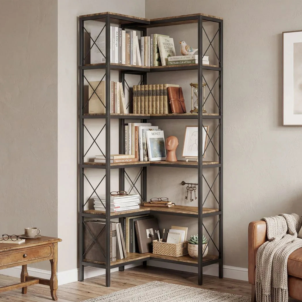 HOMCOM 5-Tier L-Shaped Corner Bookshelf with Metal Frame and Anti-Tipping Kit – Freestanding, Rustic Brown