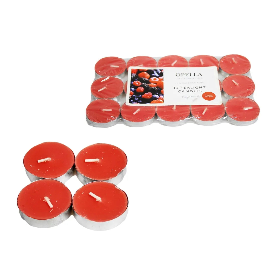Opella Beautifully Berries Scented Tealight Candles, Pack of 15 – Fruity Fragrance for Cosy Rooms
