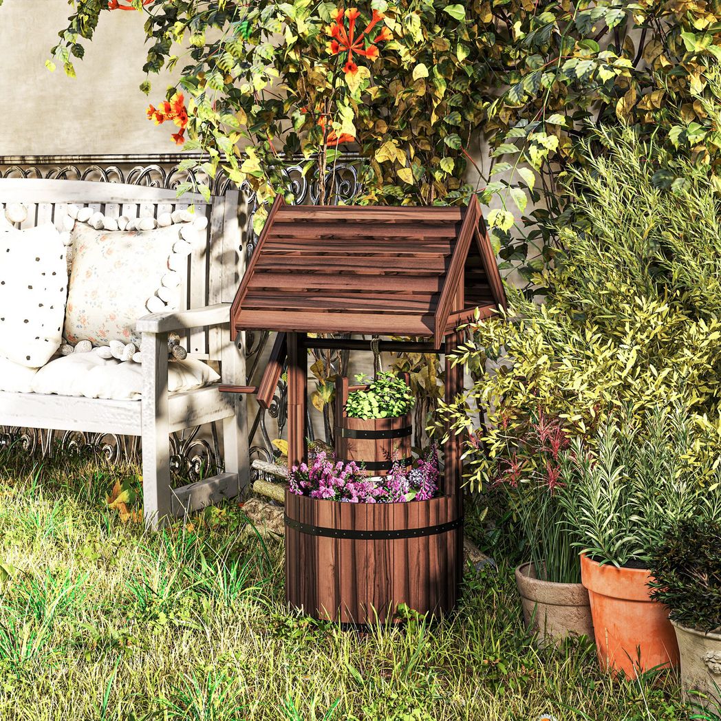 Outsunny Wood Wishing Well for Outside with Hanging Bucket