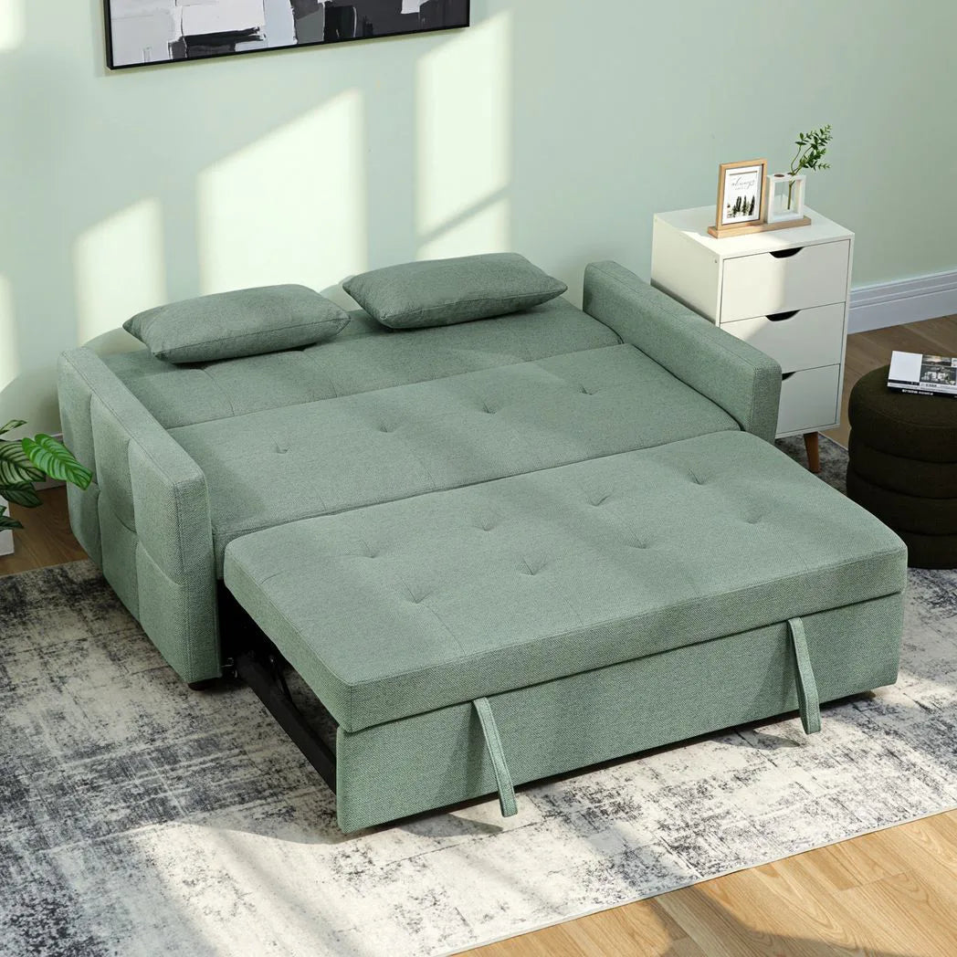 HOMCOM 2 Seater Sofa Bed with Three-Position Back & 2 Pillows – Pull-Out Guest Bed, Green Linen-Look
