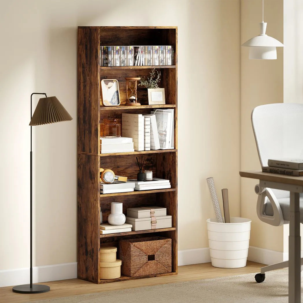 HOMCOM Six Shelf Bookcase with Adjustable Shelves and Anti-Tip Kit – Display and Storage Unit, Rustic Brown