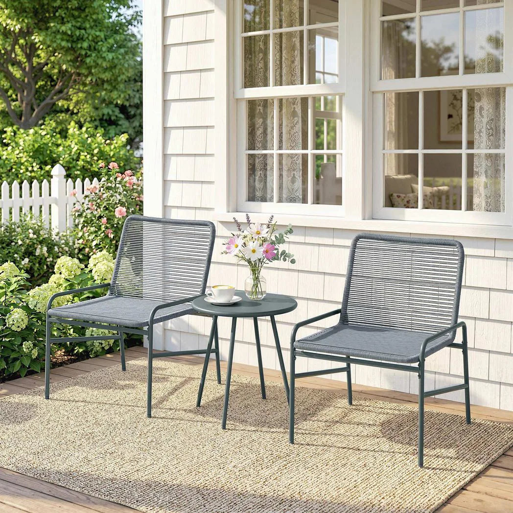 Outsunny 3 Piece Rattan Bistro Set with 2 Chairs and Round Coffee Table, Dark Grey