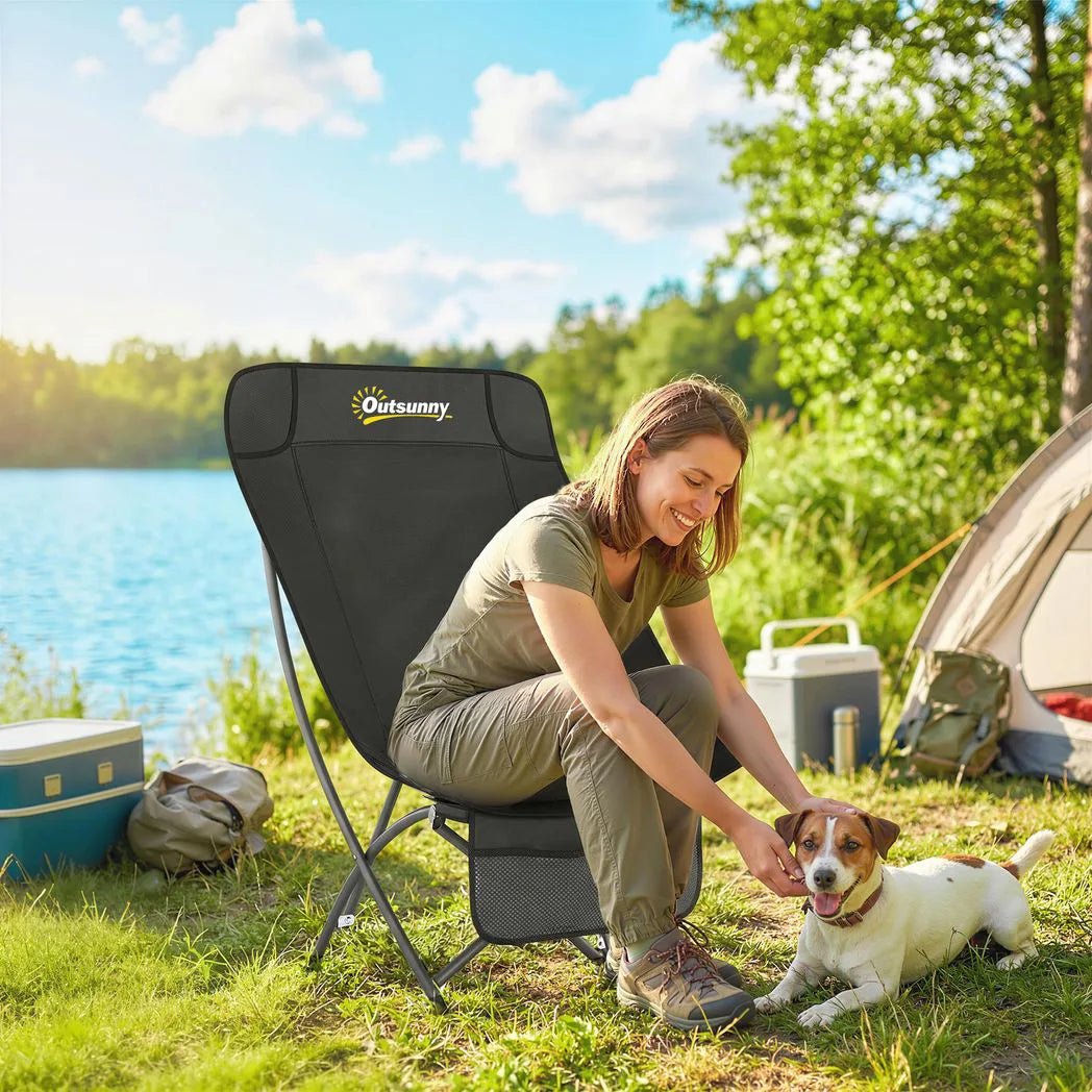Outsunny Folding Moon Chair with Side Pocket & Carry Bag – Heavy Duty 120kg Camping Chair for Adults, Black