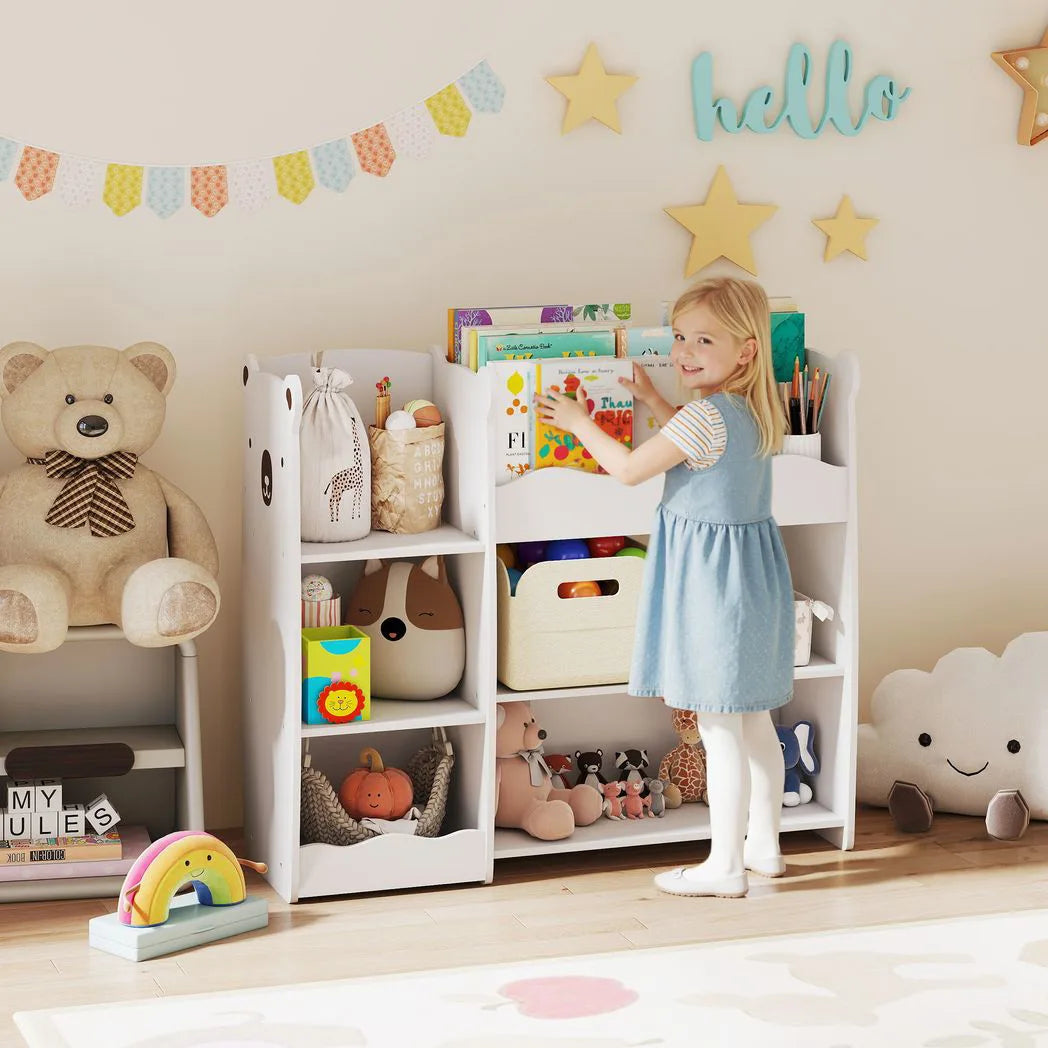 AIYAPLAY Bear Kids Toy Storage Unit with Open Bookshelf – Organiser for Bedroom, Nursery & Playroom, White