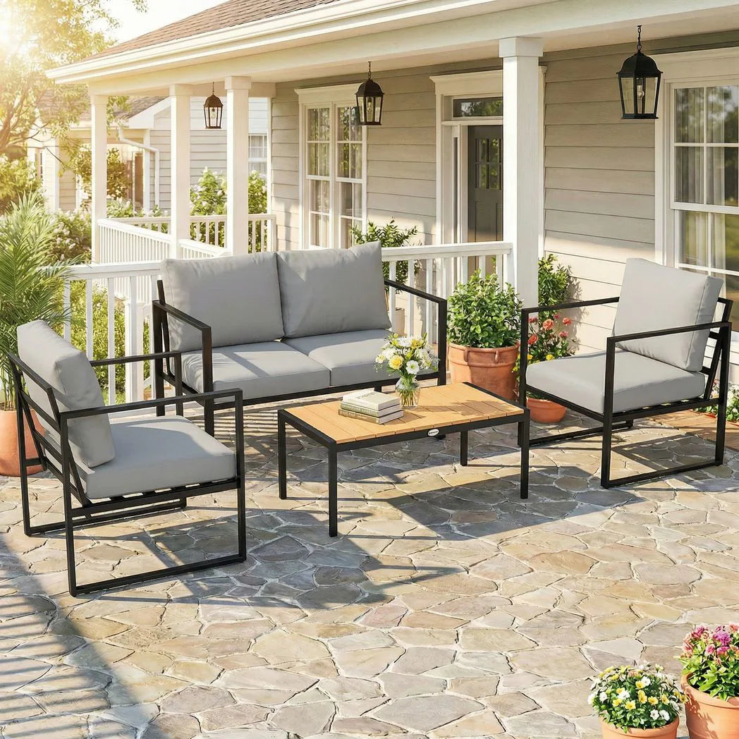 Outsunny 4 Piece Garden Furniture Set with Loveseat, 2 Armchairs and Slatted Coffee Table – Cushioned Patio Set