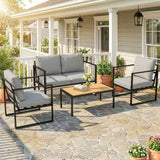 Outsunny 4 Piece Garden Furniture Set with Loveseat, 2 Armchairs and Slatted Coffee Table – Cushioned Patio Set