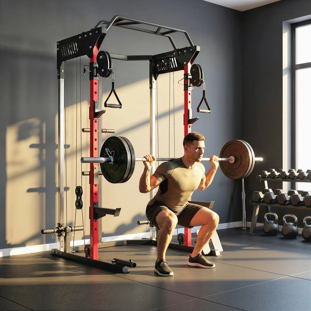 SPORTNOW Power Cage with Dual Cable Pulley System, Pull-Up Bar, Dip Station & Landmine – Home Gym Power Rack