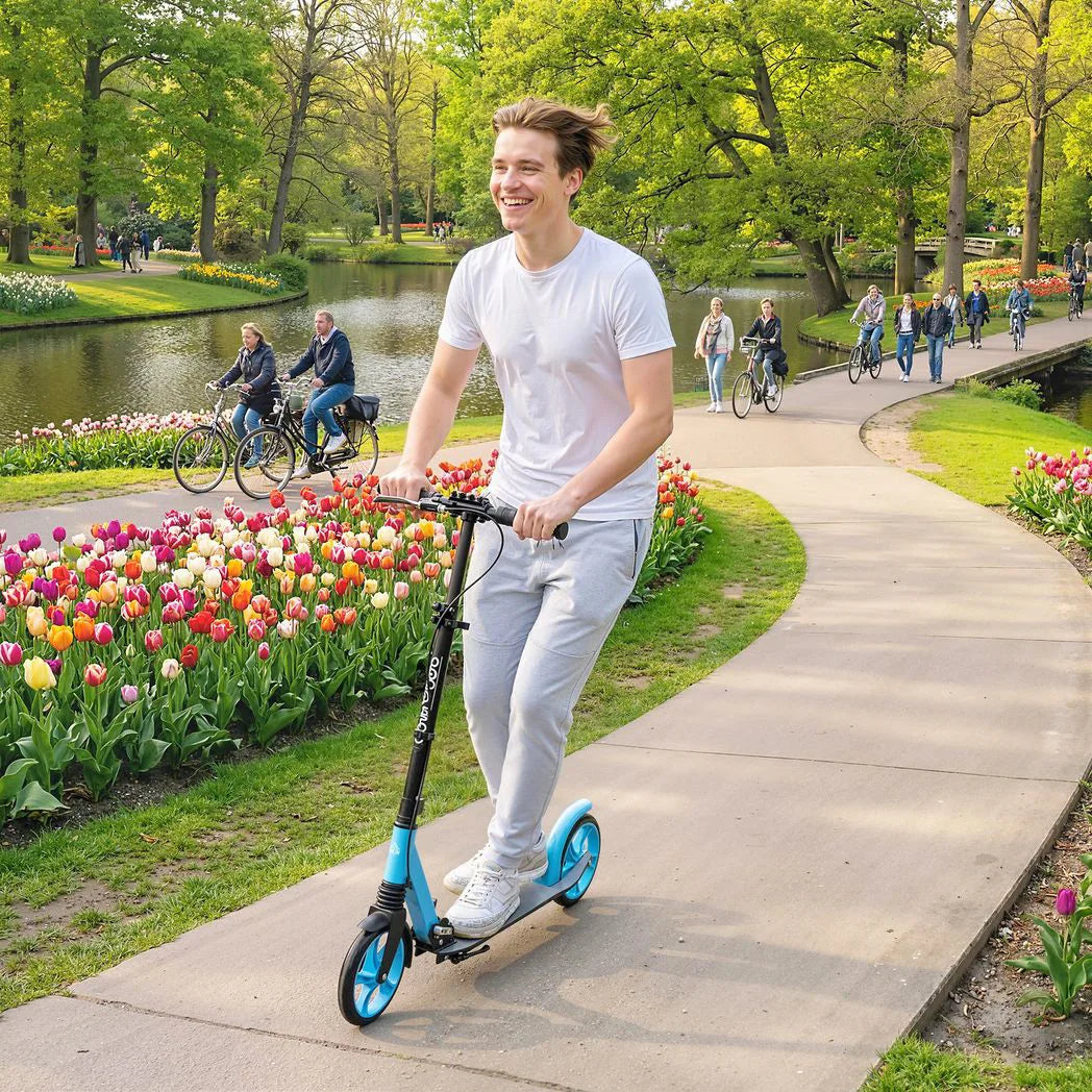 HOMCOM One-Click Folding Kick Scooter with Adjustable Handlebar, Dual Brakes & Kickstand – Push Scooter, Blue