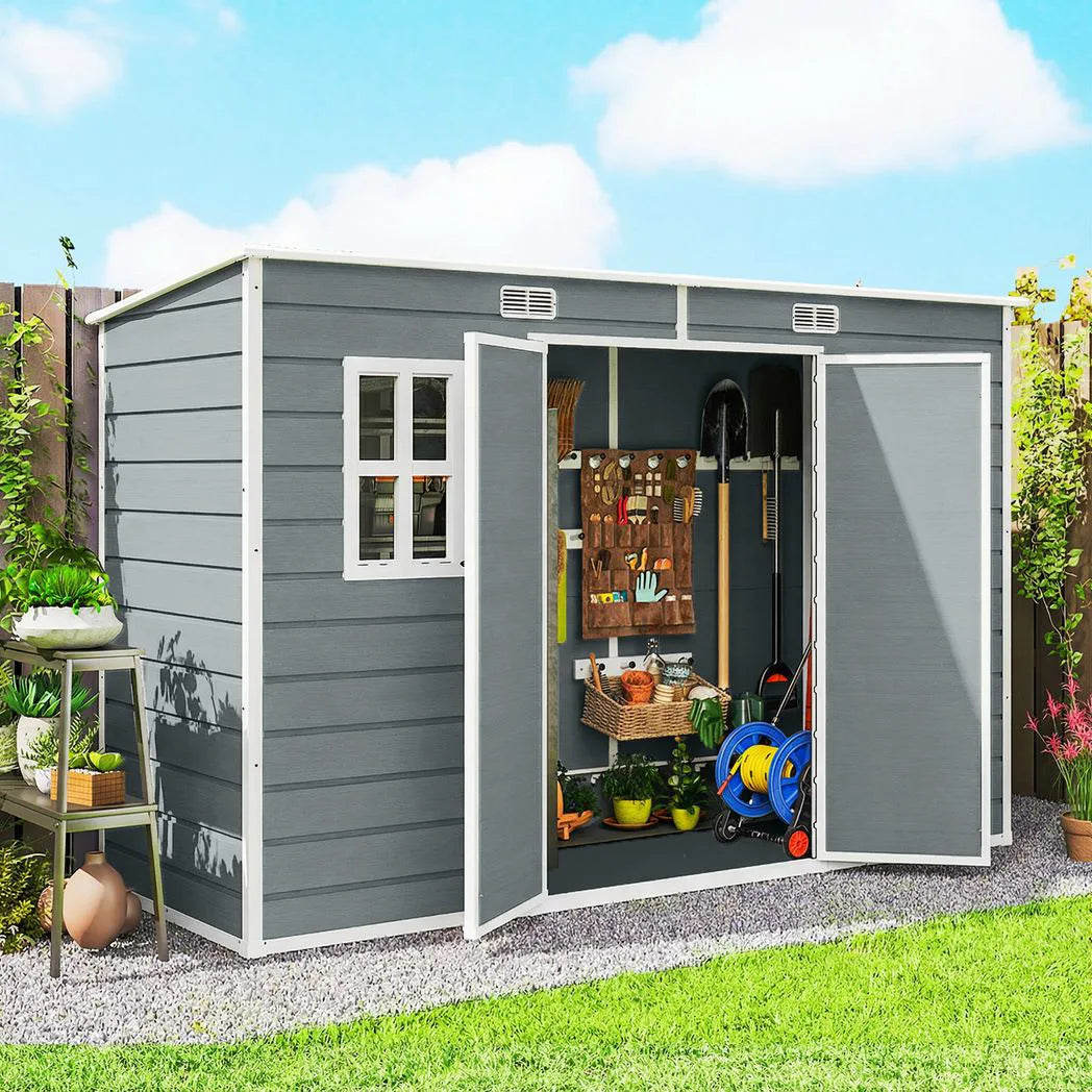 Outsunny 10 x 4ft Resin Garden Shed with Floor, Windows & Lockable Double Doors – Outdoor Storage, Grey
