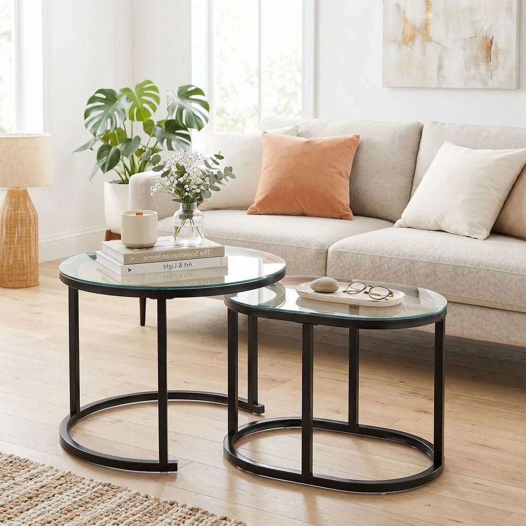 HOMCOM Nest of 2 Coffee Tables with Steel Frame and Tempered Glass Tops – Round and Oblong Side Tables, Black