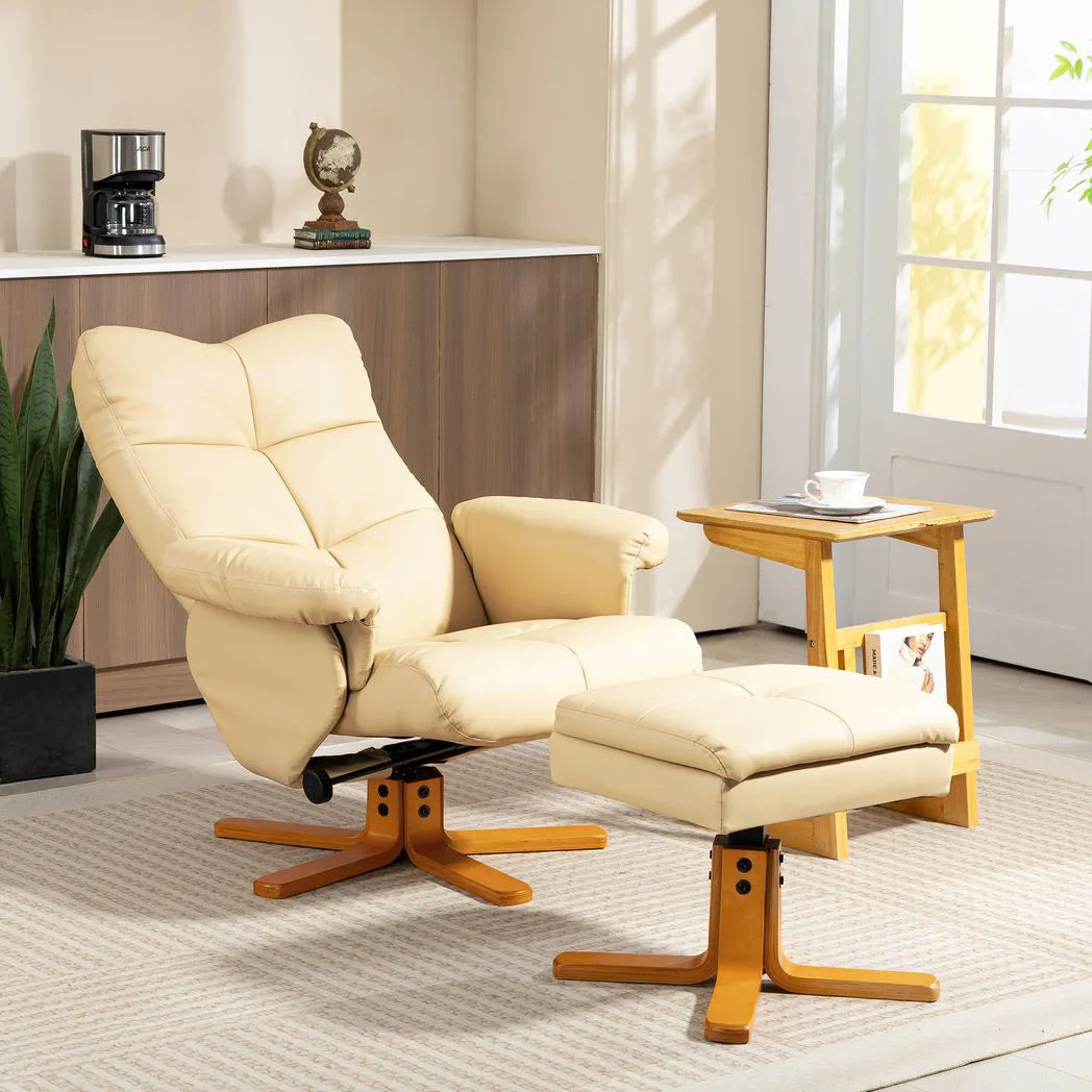 HOMCOM PU Leather Swivel Recliner Chair with Storage Footstool and Wooden Base – Living Room Armchair, Beige