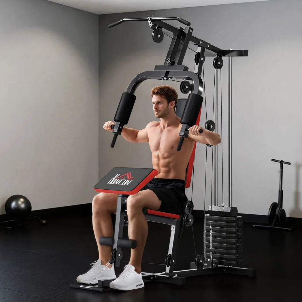 HOMCOM Multi Gym Station with 65 kg Weight Stack, Chest Press, Pulleys & Leg Extension – Home Gym, Black