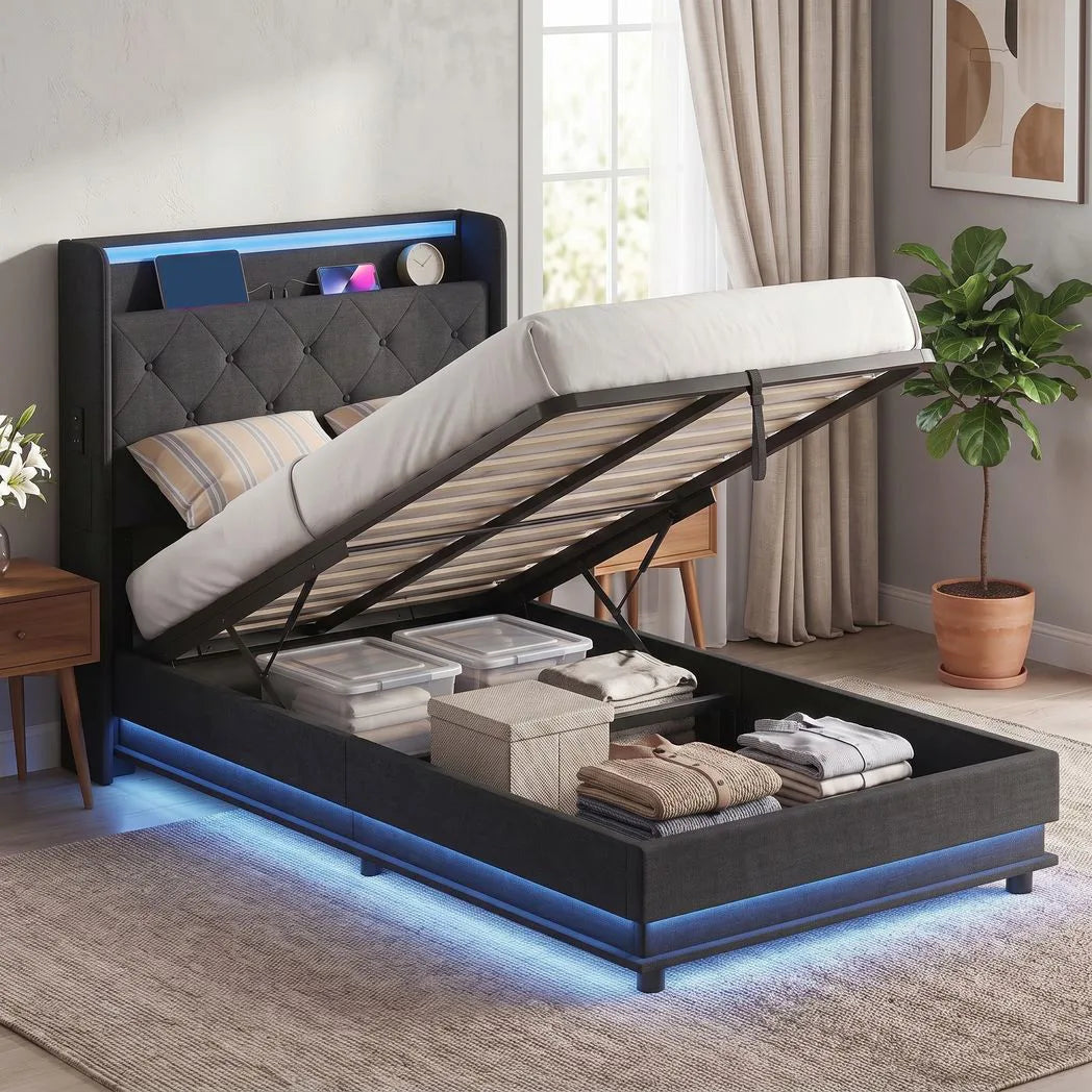 HOMCOM 3ft Single Ottoman Bed Frame with Hydraulic Storage, LED Lights, Charging Station and Headboard – Black