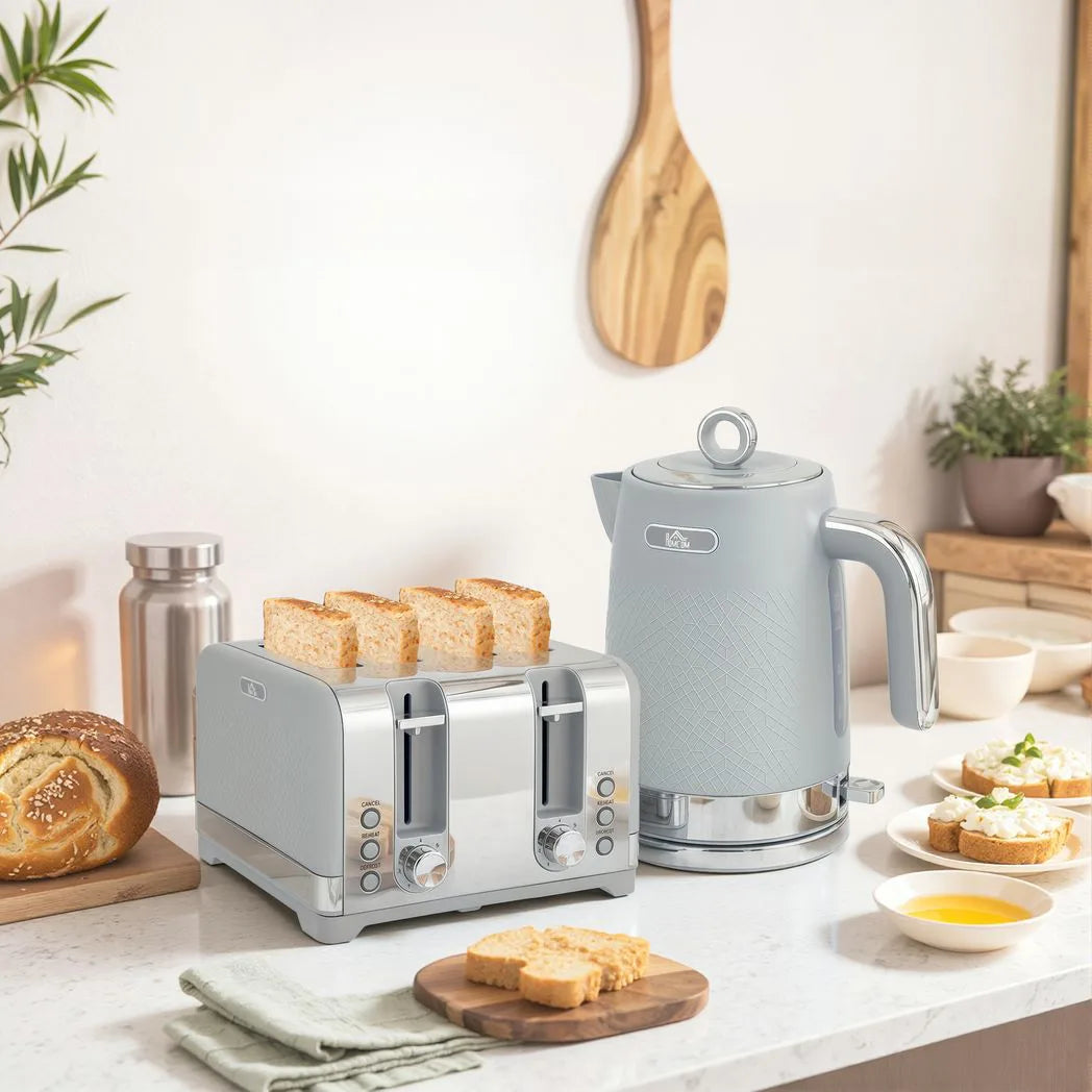HOMCOM Textured Kettle and 4-Slice Toaster Set, 1.7L 3000W Rapid Boil Kettle – Kitchen Set, Grey
