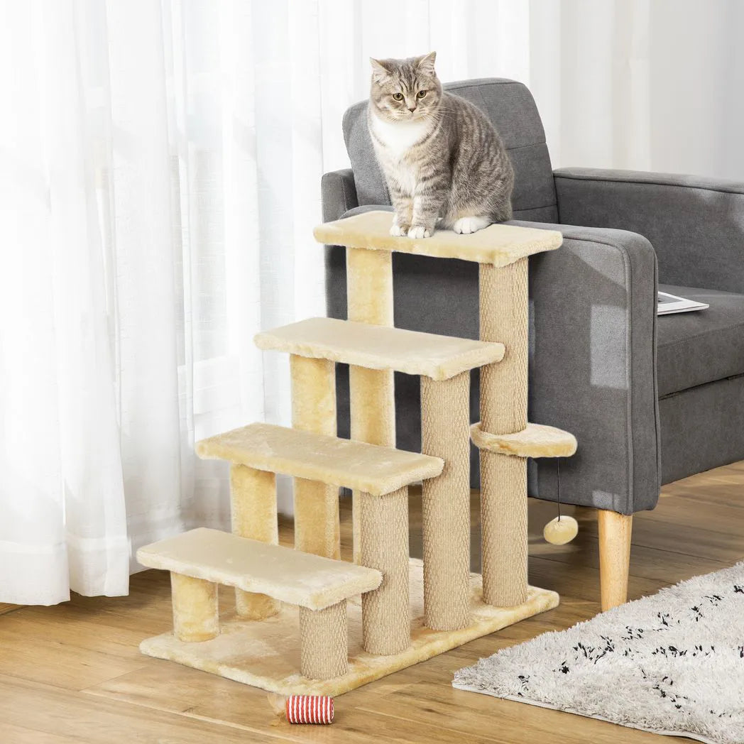 PawHut 4-Step Cat Stairs with Scratching Posts, Platform and Toy Ball – Pet Steps, Beige