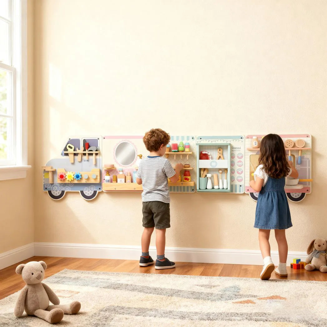 AIYAPLAY Wooden Busy Board with 5 Role Play Scenes – Wall Mounted Activity Panels for Kids, Truck Design