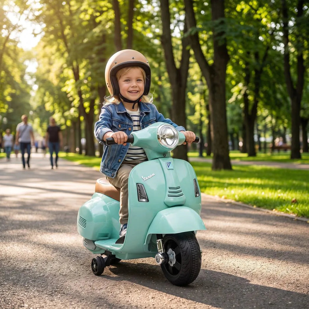 HOMCOM Vespa Licensed 6V Kids Electric Motorbike with Training Wheels and Horn – Ride-On, 18-36 Months, Green