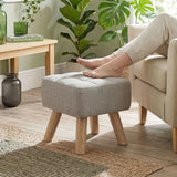 HOMCOM Linen-Look Square Padded Footstool with Wooden Legs – Leg Rest & Vanity Stool, Light Brown