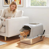 PawHut Extra Large Stainless Steel Enclosed Cat Litter Box with Scoop – Front-Entry and Top-Exit Tray