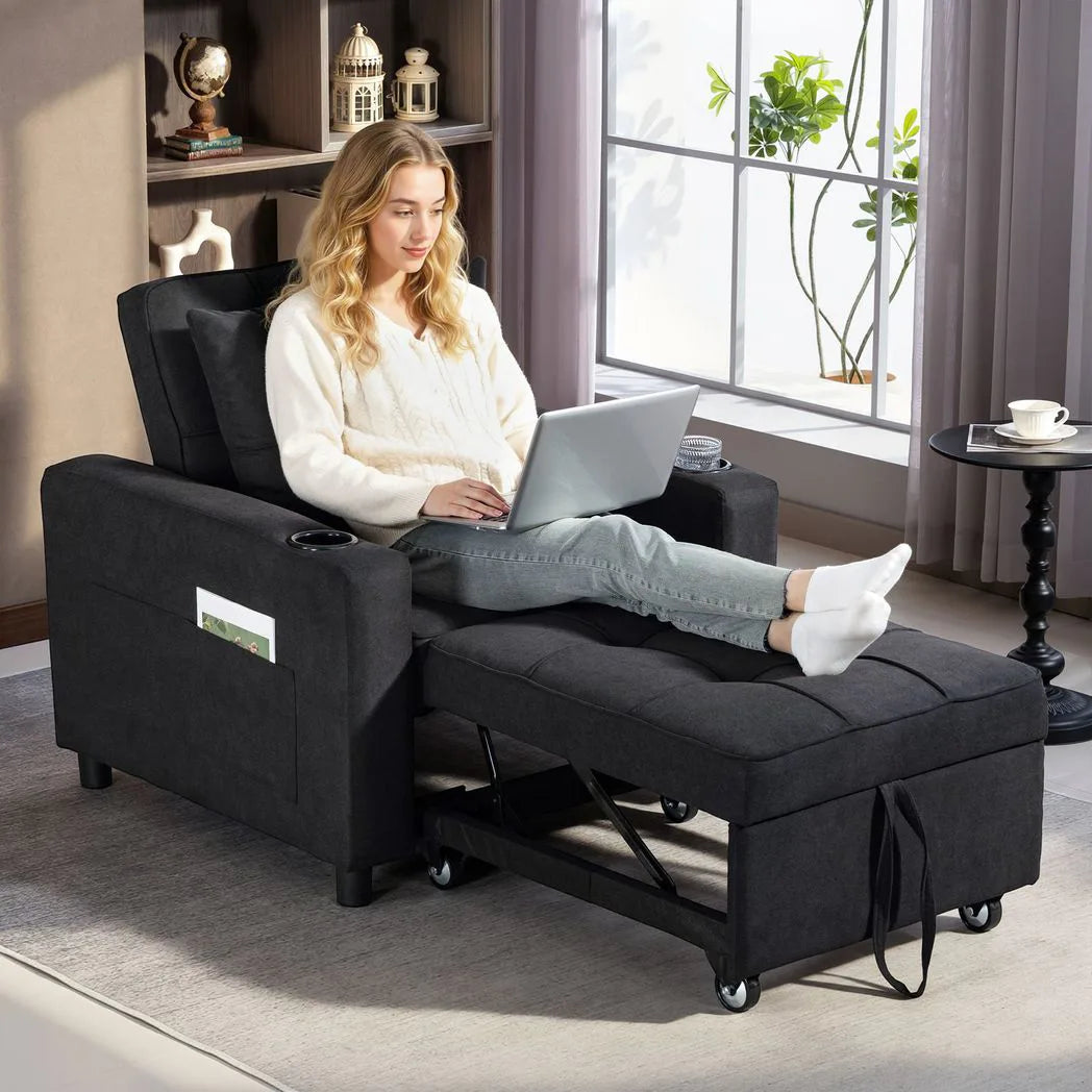 HOMCOM 3-in-1 Single Sofa Bed with Three-Level Back, Cup Holders and Pillow – Convertible Sleeper Chair Bed, Black