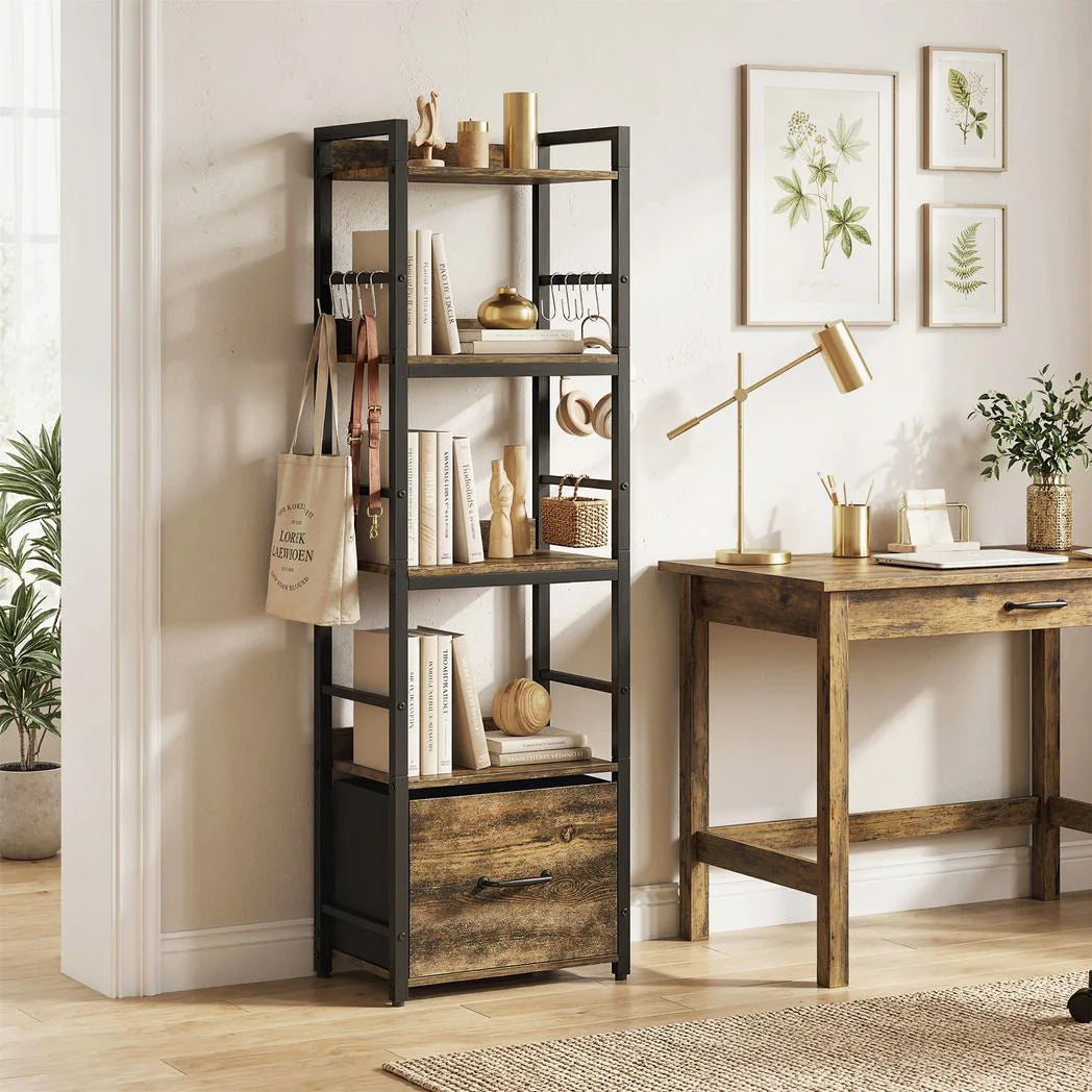 HOMCOM 4-Tier Narrow Bookcase with Drawer, 8 Hooks & Anti-Tip Straps – Slim Storage Shelf, Rustic Brown