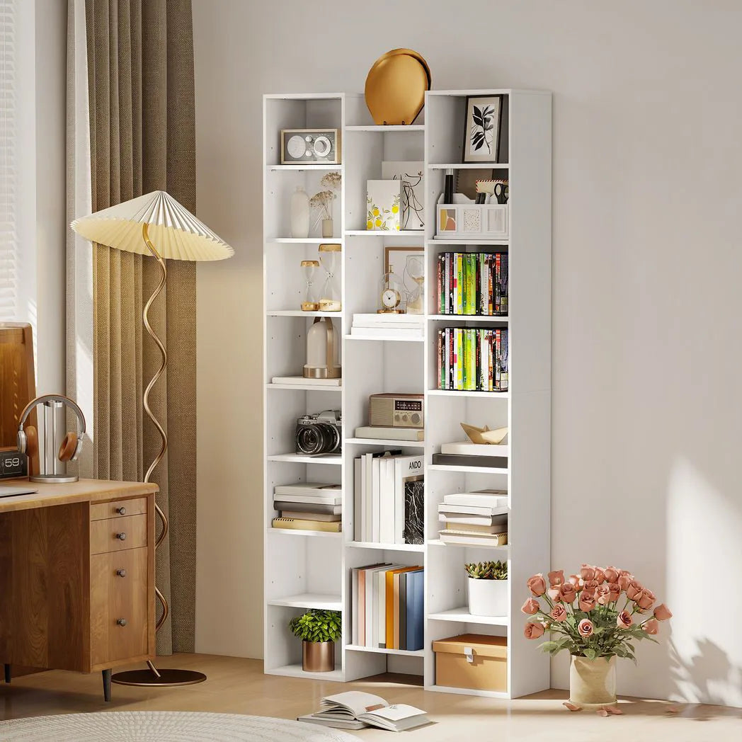 HOMCOM 21-Compartment Bookshelf with Asymmetrical Layout and Anti-Tipping Device – Steel and Board, White