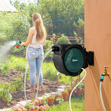 Outsunny 30m Retractable Wall-Mounted Hose Reel with Auto Rewind, Lock & 7-Pattern Nozzle – 180° Swivel, Green