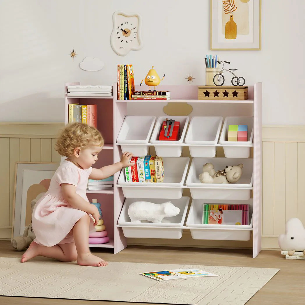AIYAPLAY Kids Toy Storage Unit with 8 Removable Bins, Shelves & Cabinet – Pink