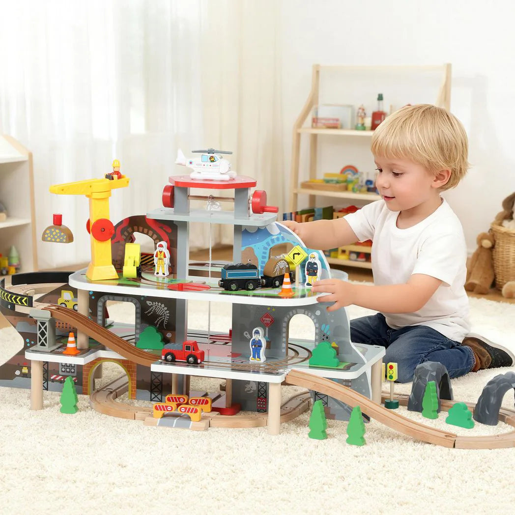 AIYAPLAY 79 Piece Wooden Train Set with Crane, Lift and Helipad – Mine-Themed Kids Train Track Toy