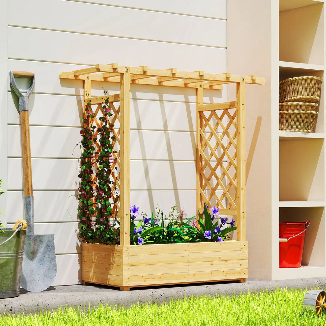 Outsunny Wooden Garden Planter with Trellis, Hanging Roof and Drainage Holes – Raised Bed, 110 cm, Natural