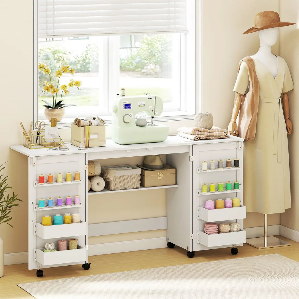 HOMCOM Folding Sewing Table with 2 Magnetic Doors and Lockable Wheels – Craft Cabinet, White