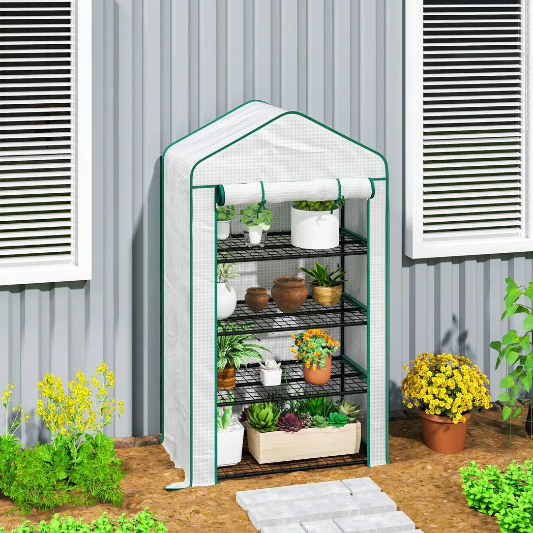 Outsunny Four-Tier Mini Greenhouse with Reinforced Plastic Cover and Roll-Up Door – Steel Frame Plant Shelter