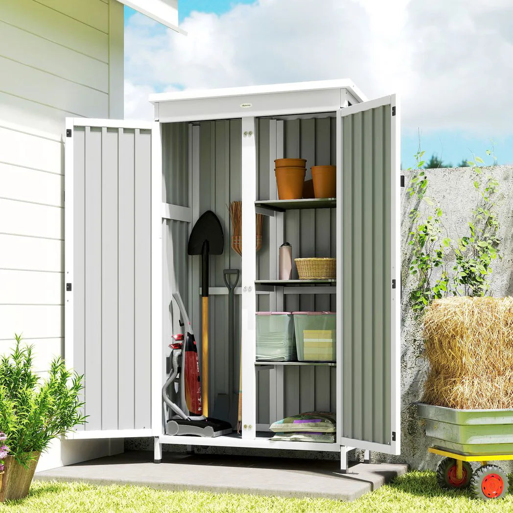 Outsunny Outdoor Storage Cabinet with 3 Removable Shelves and Asphalt Roof – Wood and Steel Garden Tool Shed, White and Black
