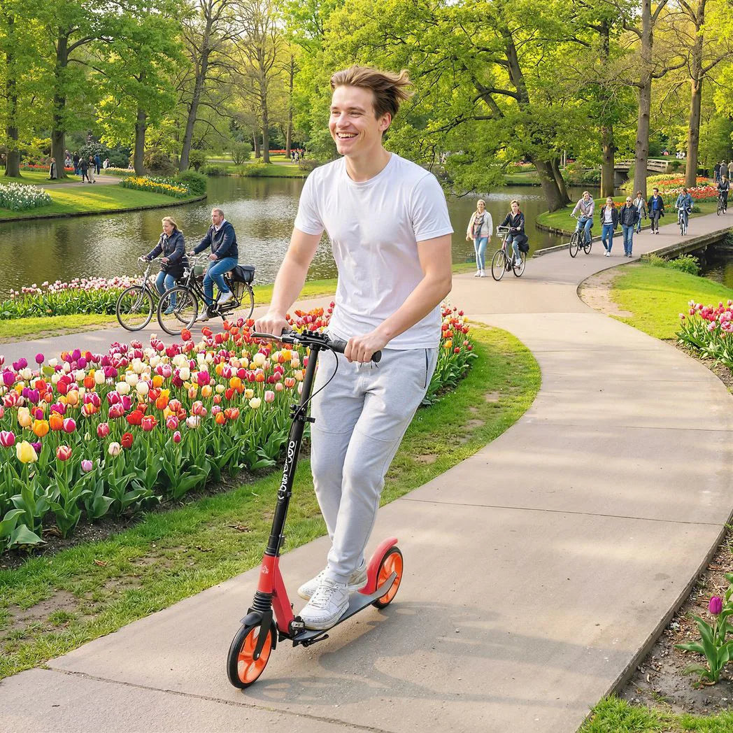 HOMCOM One-Click Folding Kick Scooter with Adjustable Handlebar, Dual Brakes & Kickstand – Push Scooter for Ages 14+, Red