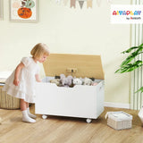 AIYAPLAY Toy Box with Lid, Wheels & Safety Hinges – White Rolling Toy Chest for Playroom & Bedroom