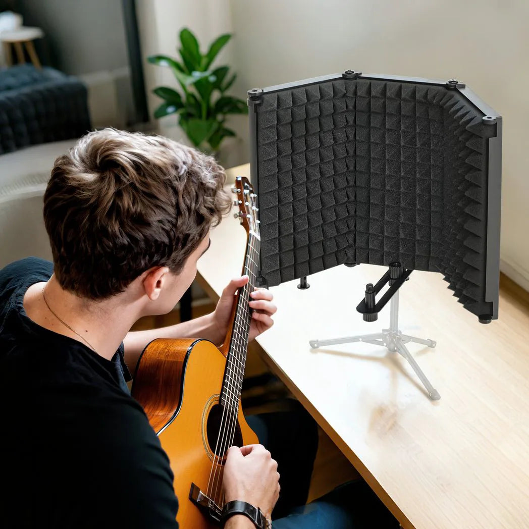 HOMCOM Studio Microphone Isolation Shield with 3 Foldable Foam Panels & 3/8" Mount – Home Recording, Black