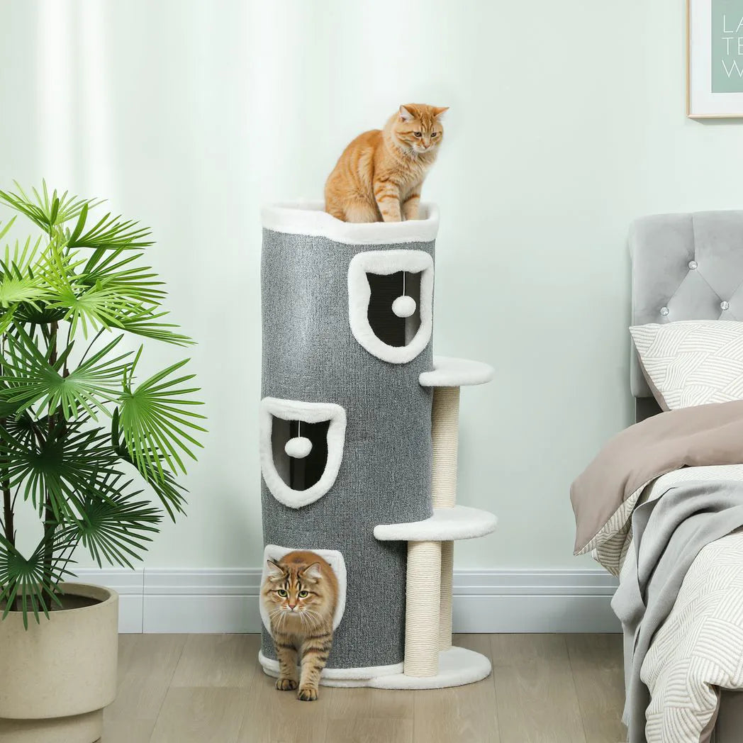 PawHut 101cm Cat Tree with Sisal Scratching Posts, 3 Barrel Condos – Indoor Cat Tower for Rest and Play