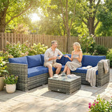 Outsunny 4 Piece Rattan Garden Corner Sofa Set with Glass-Top Coffee Table & Cushions, Blue