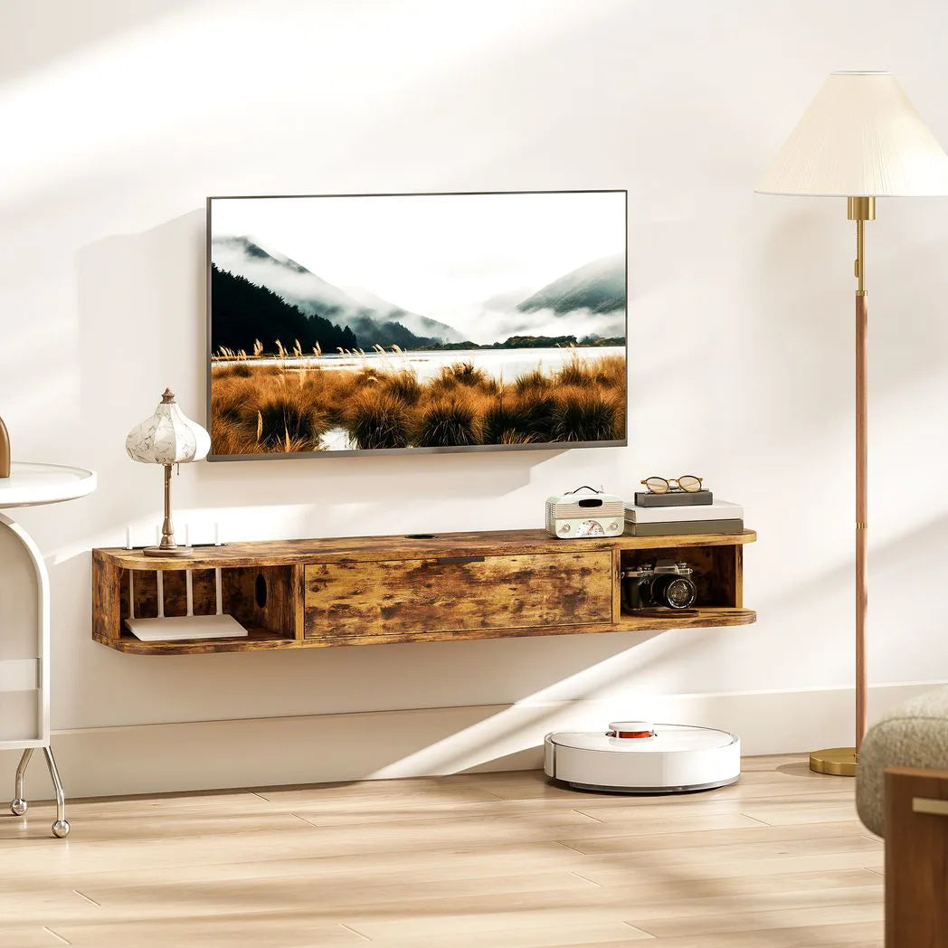 HOMCOM 120 cm Floating TV Unit for TVs up to 50 Inch with Flip Drawer and Open Shelves – Rustic Brown