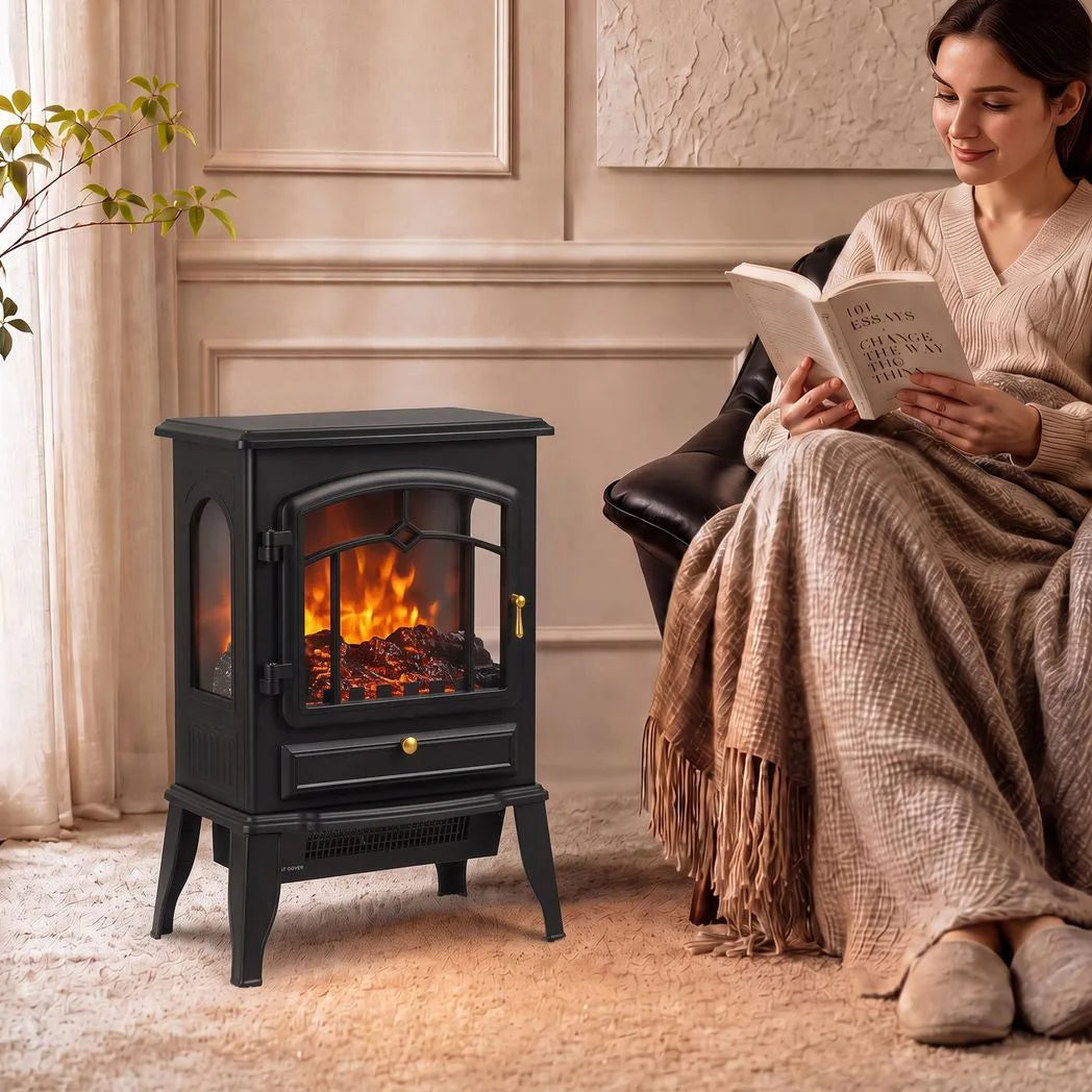 HOMCOM 3-Sided Electric Fireplace Stove, 1000W/2000W Freestanding Heater with 3D Flame Log – Black