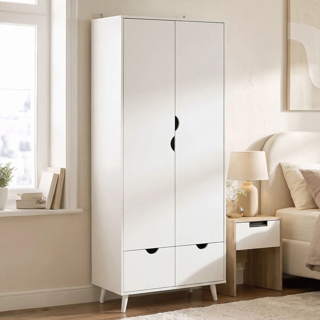 HOMCOM 2-Door Wardrobe with 2 Drawers, Hanging Rail and Wood Feet – Bedroom Clothes Storage with Anti-Tip Straps, White
