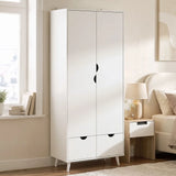 HOMCOM 2-Door Wardrobe with 2 Drawers, Hanging Rail and Wood Feet – Bedroom Clothes Storage with Anti-Tip Straps, White