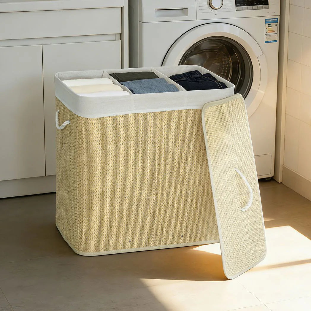 HOMCOM 3 Section Laundry Basket with Lid, 144L Bamboo Laundry Hamper with Handles and Liner, Cream White