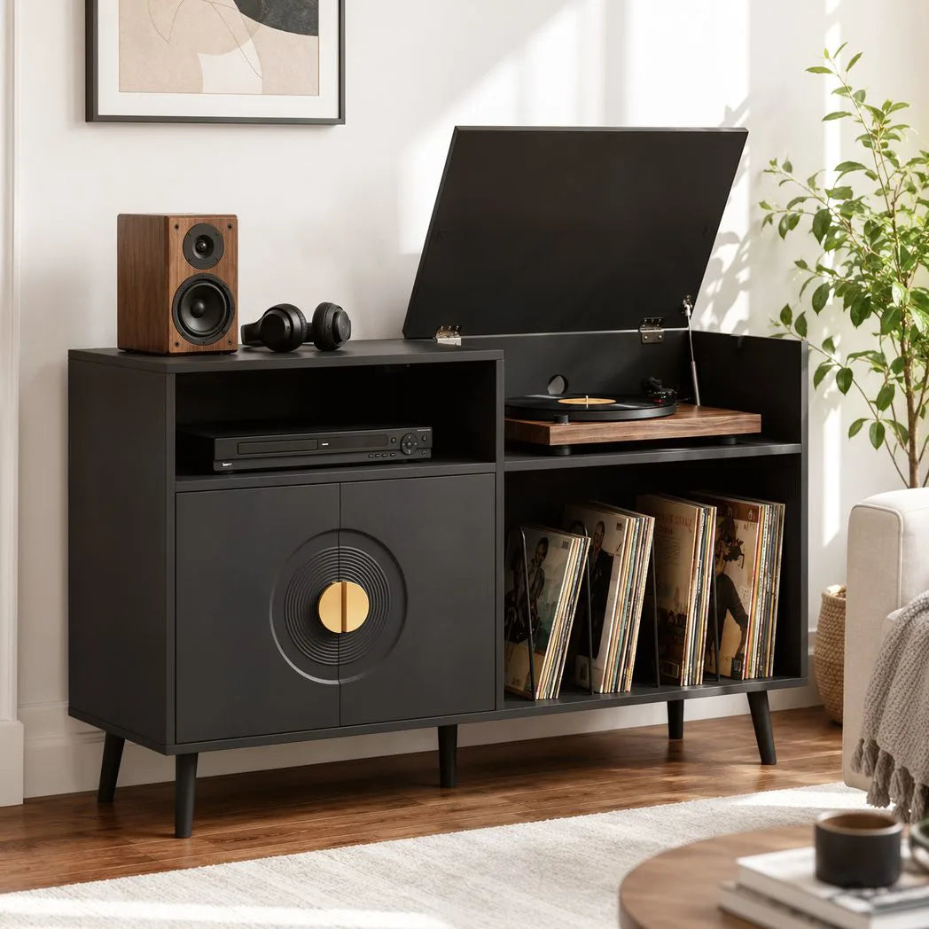 HOMCOM Record Player Stand with 300-Album Vinyl Storage & Flip-Top Compartment – Mid-Century Style, Black