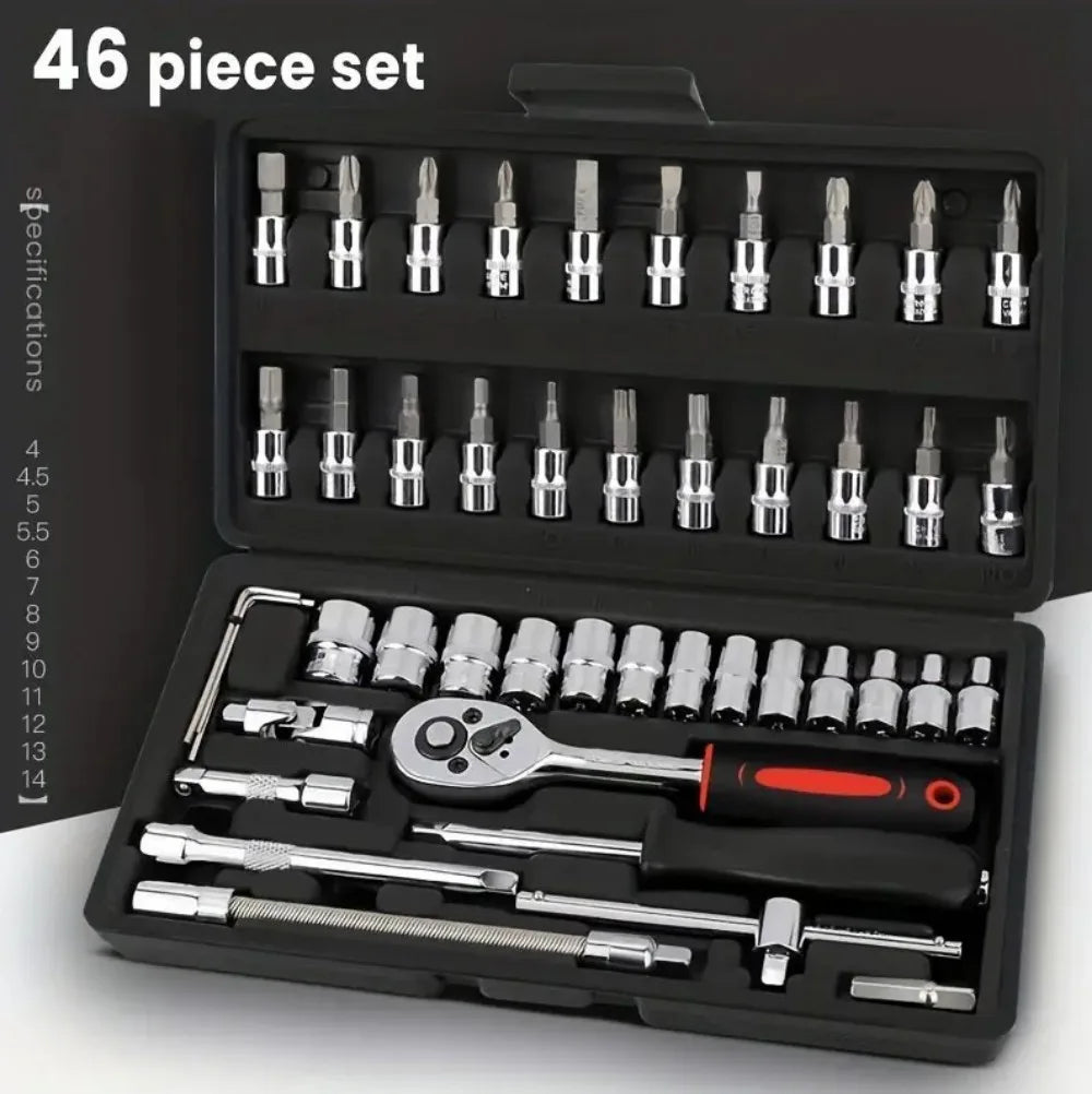 46-Piece Metric 1/4" Drive Ratchet Socket and Bit Set with Torx & Hex Bits – Quick-Release Tool Kit with Case