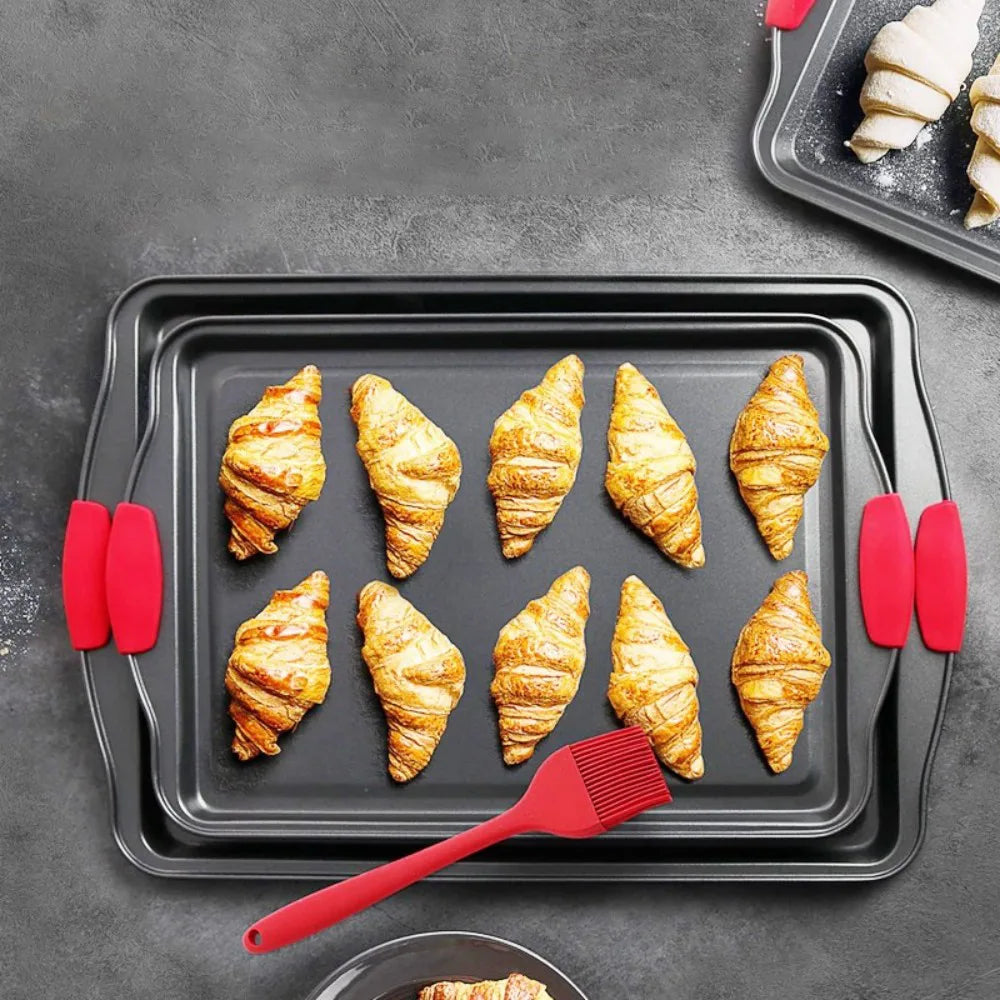 5 Piece Non-Stick Carbon Steel Baking Tray Set with Silicone Handles, Spatula and Brush – Oven Roasting Pans